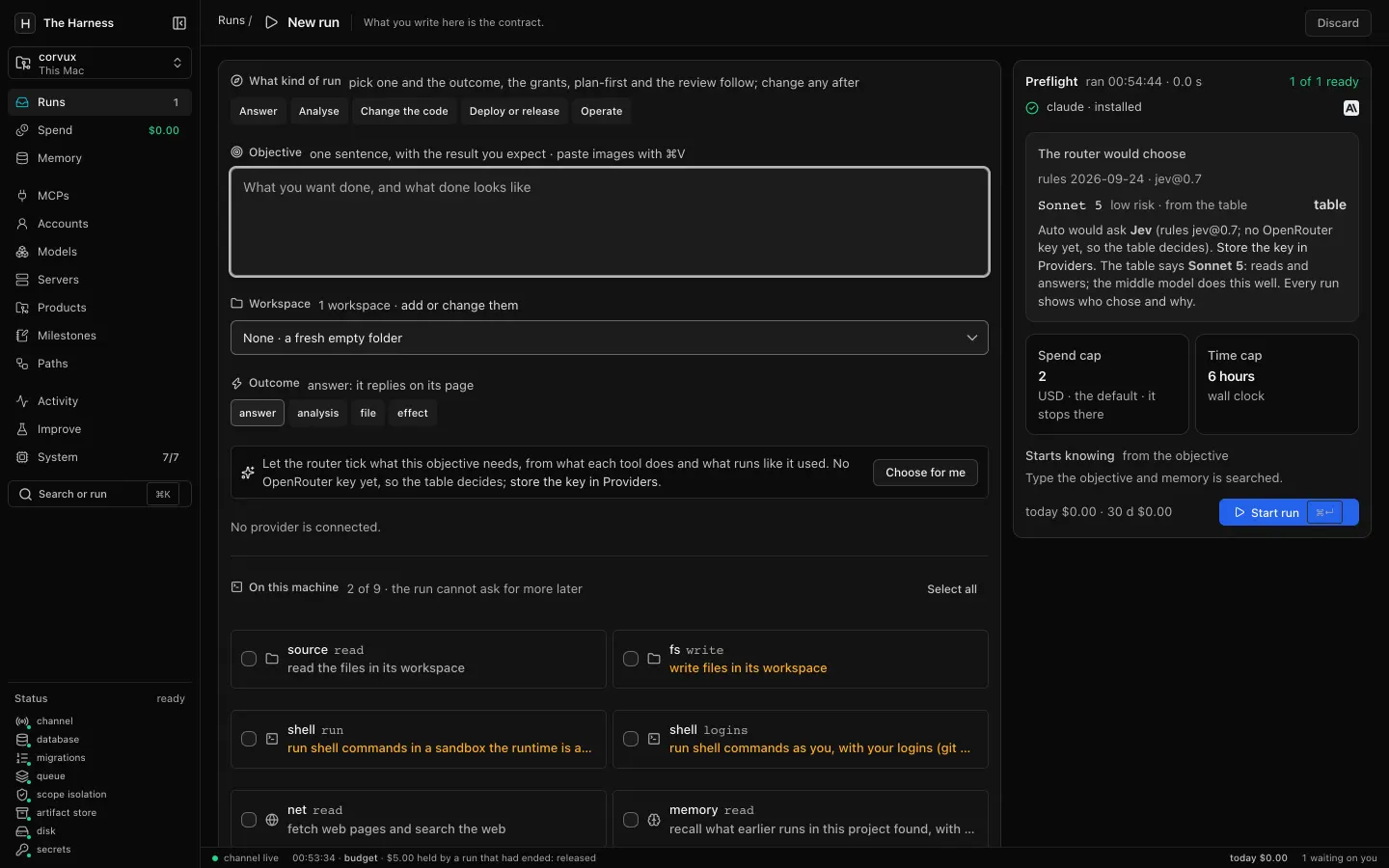 The console: New run. What you write is the contract: outcome, grants, a spend cap and a time cap, with the router's choice explained.
